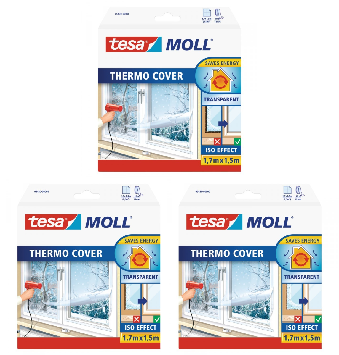 Tesa tesamoll thermo cover - raamisolatie folie - vermindert condens -  bespaart energie - 1,7 x 1,5 meter - 3 stuks